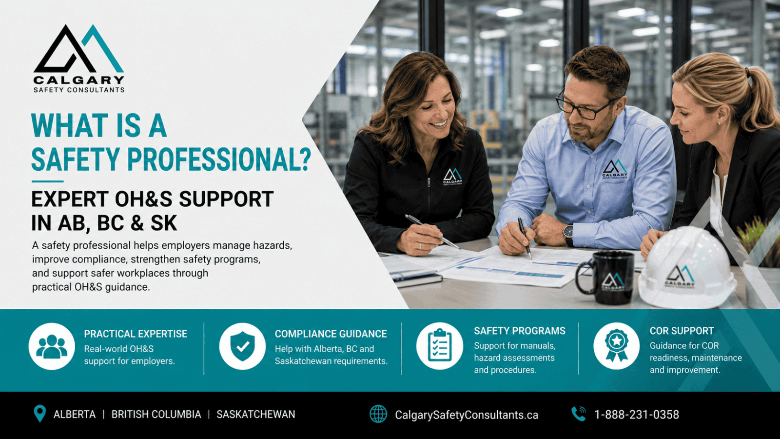 Safety Professional reviewing workplace safety documentation with an employer.