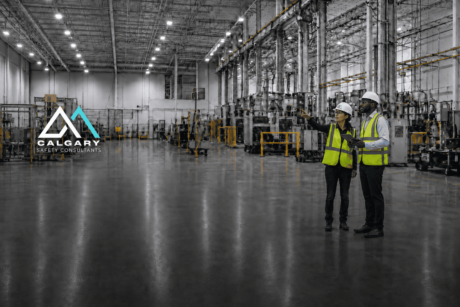 Calgary Safety Consultants supporting workers on an industrial facility floor.