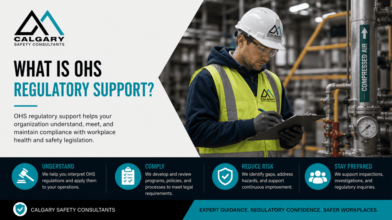 Safety consultant reviewing workplace documentation after an OHS inspection or corrective action request.