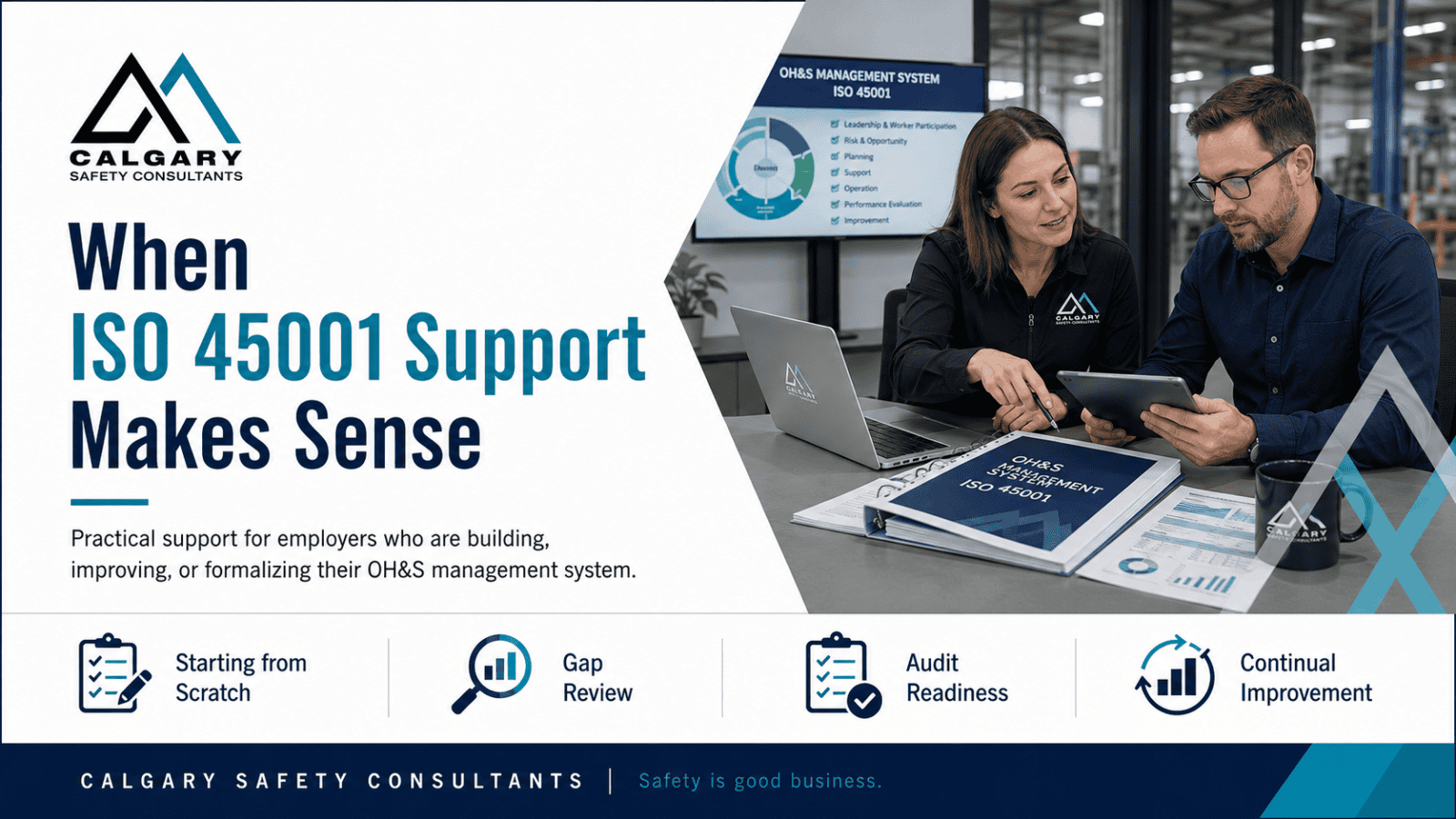 Consulting support for ISO 45001 OH&S management system gap analysis and implementation planning.