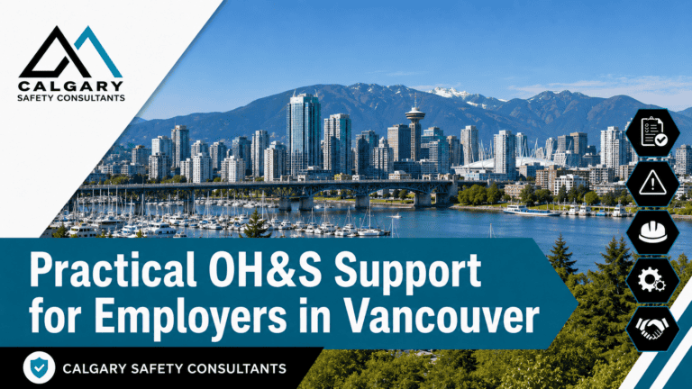 Vancouver safety consultants reviewing OHS documentation with a supervisor in a British Columbia workplace.
