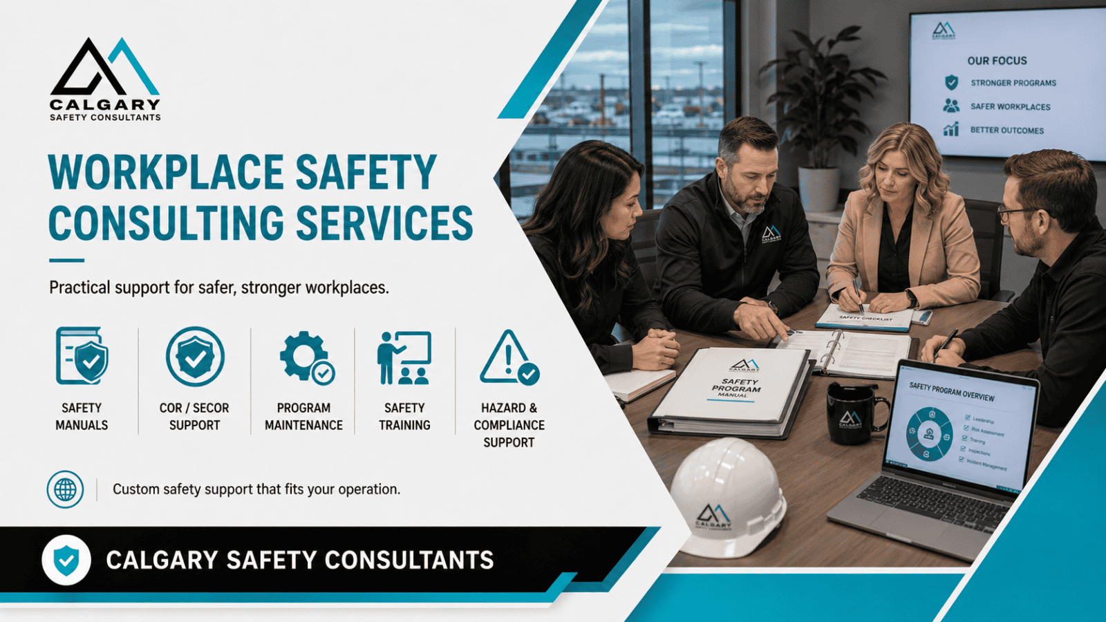 Safety consultant reviewing workplace safety documentation with an employer.