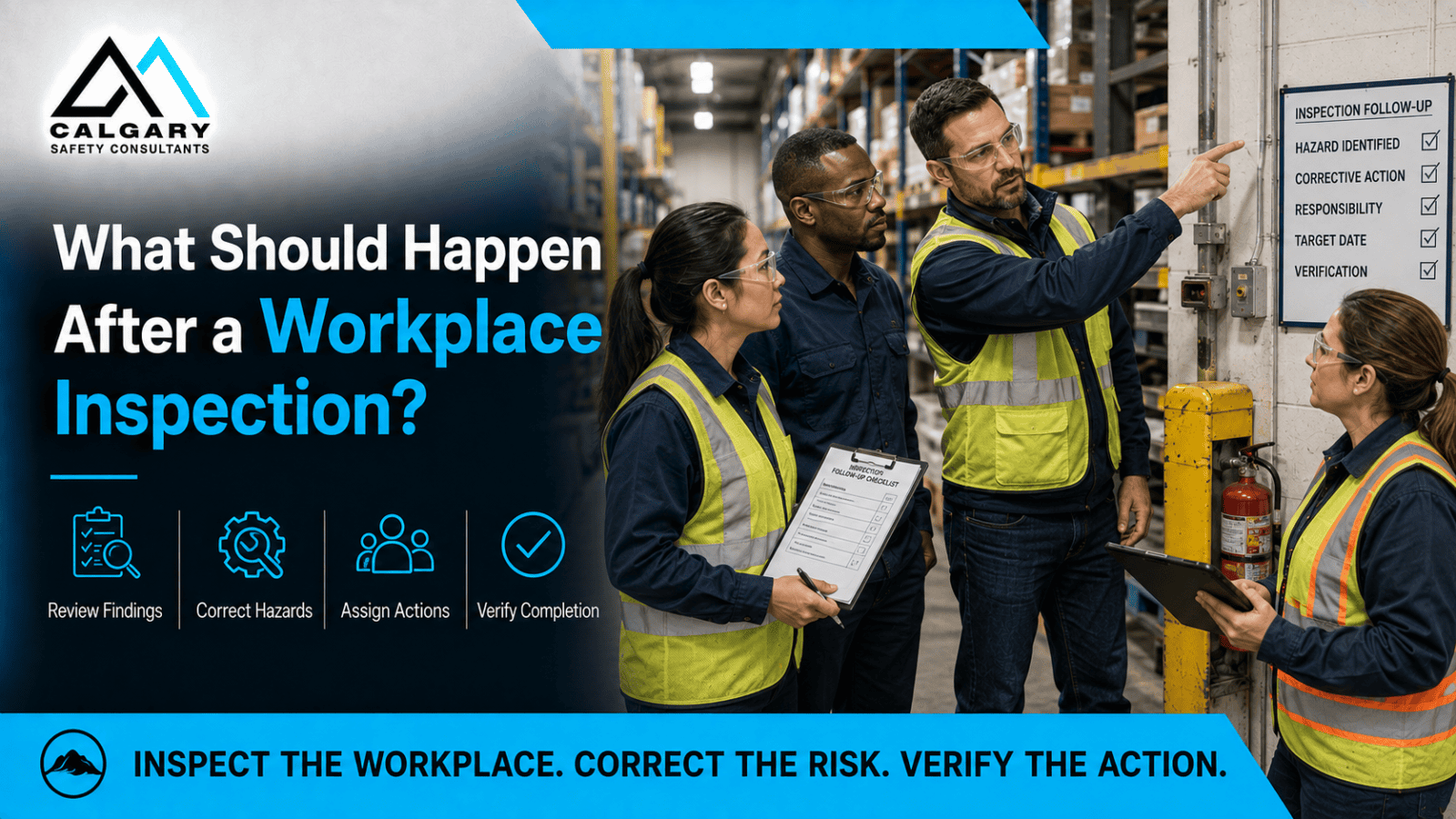 What Should Happen After a Workplace Inspection? Workers review corrective actions in a warehouse.
