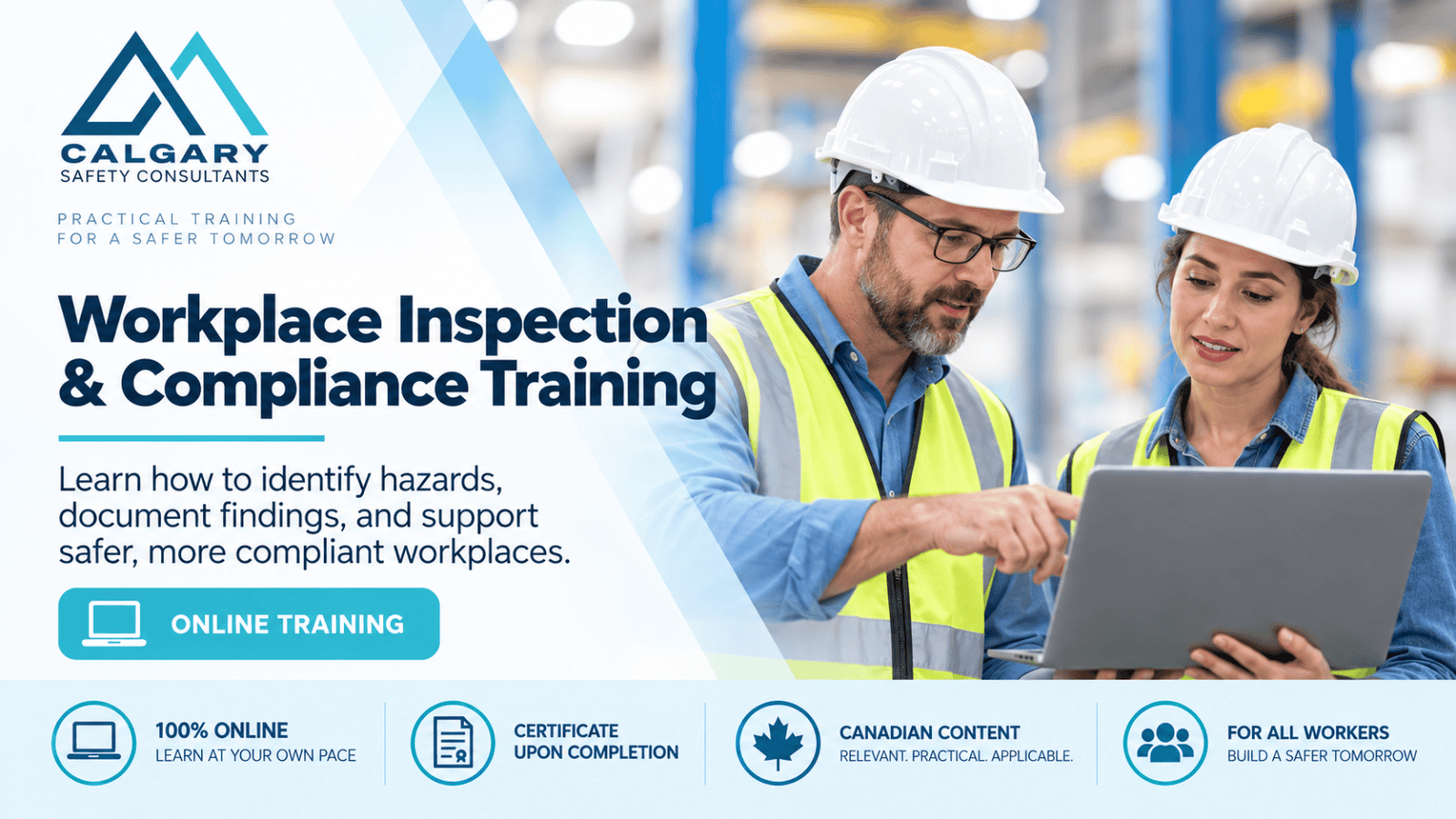 Online Inspection Training from Calgary Safety Consultants with two safety professionals reviewing inspection findings on a laptop.