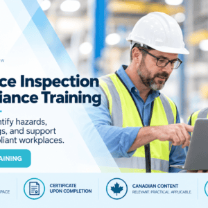 Online Inspection Training from Calgary Safety Consultants with two safety professionals reviewing inspection findings on a laptop.