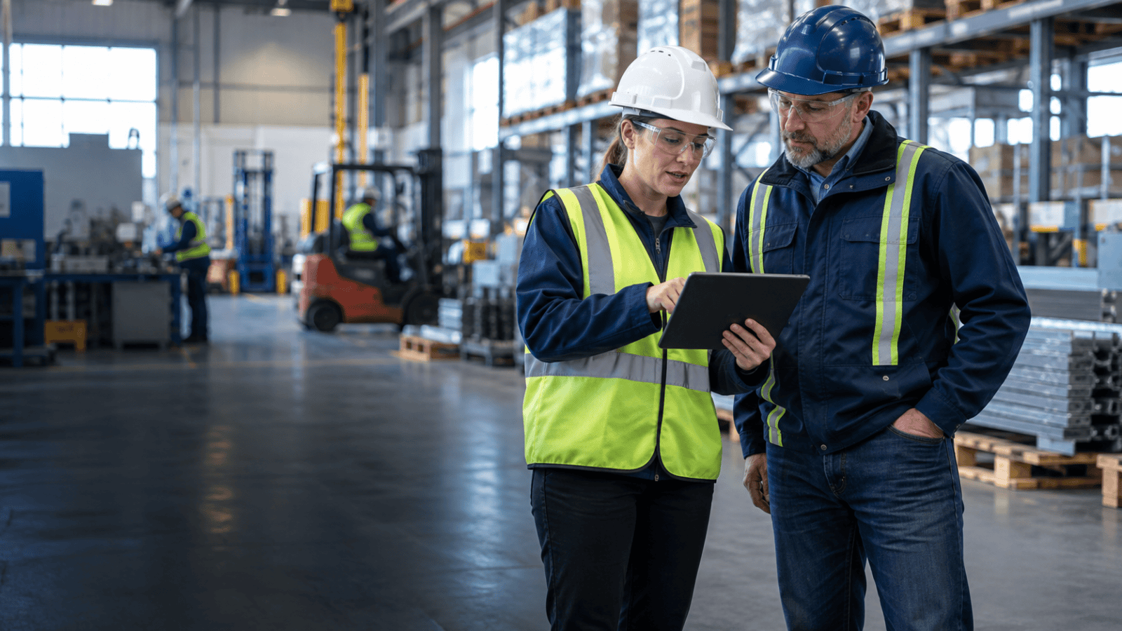 A safety consultant and operations manager reviewing workplace conditions on a tablet in an active industrial facility.