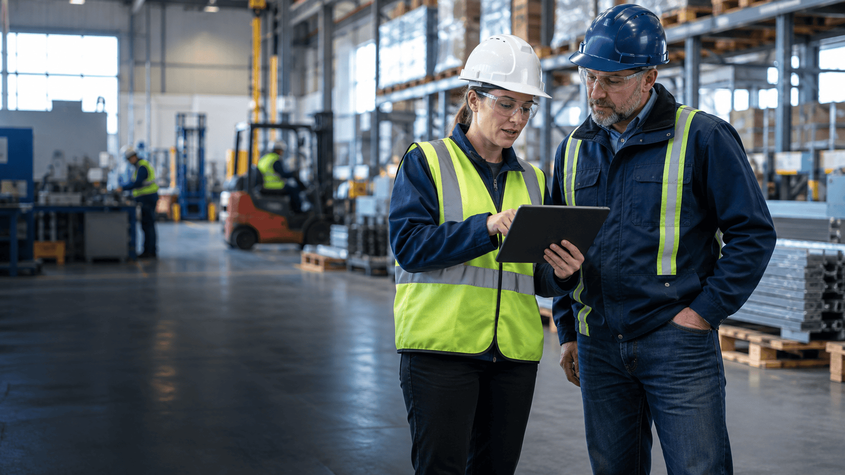 A safety consultant and operations manager reviewing workplace conditions on a tablet in an active industrial facility.