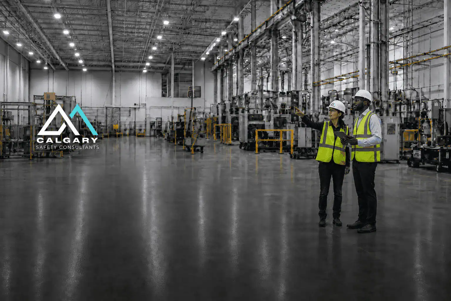 Calgary Safety Consultants supporting workers on an industrial facility floor.