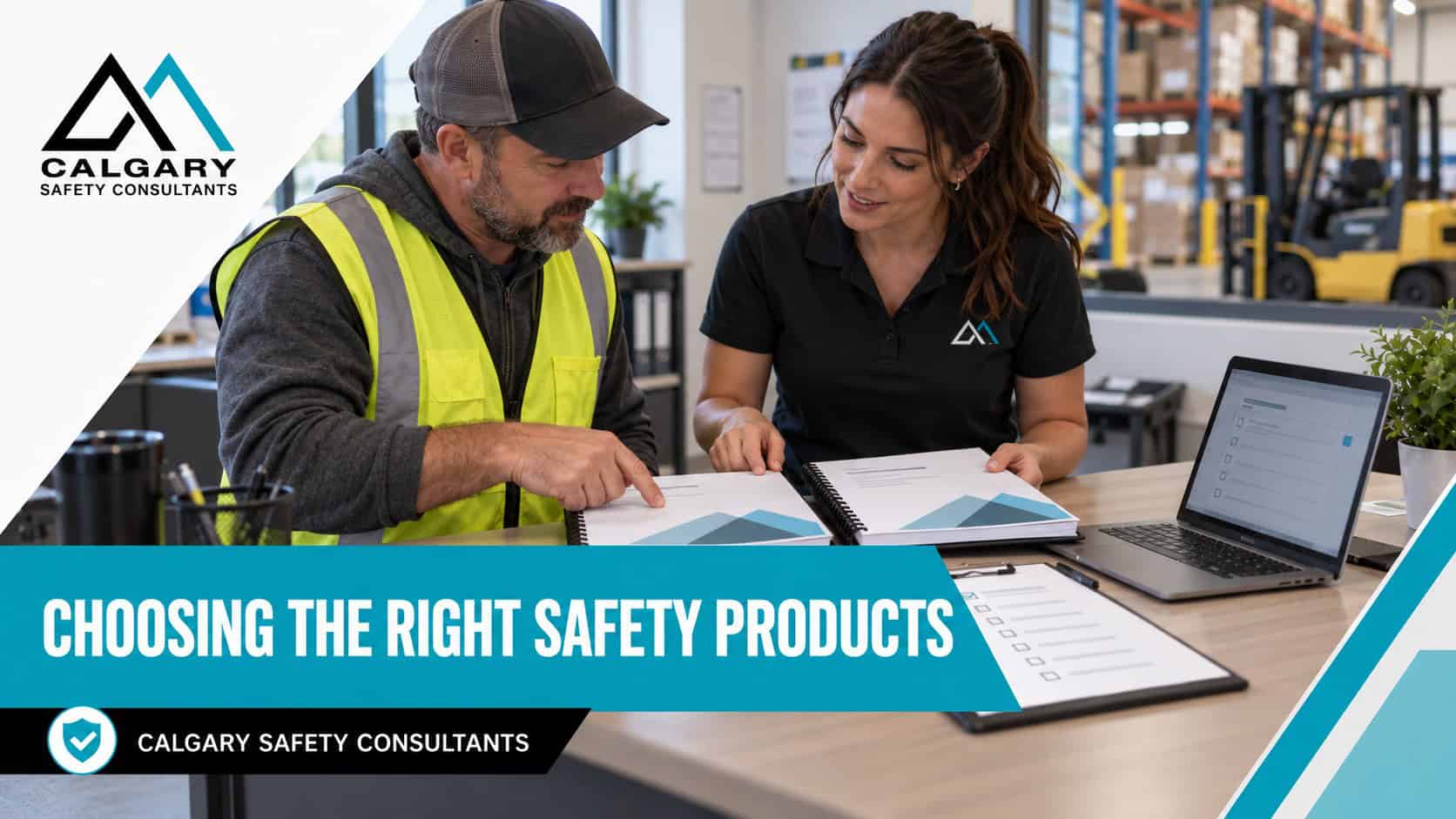 Choosing the right safety products: a safety consultant and a warehouse business owner comparing health and safety manuals and a planning checklist