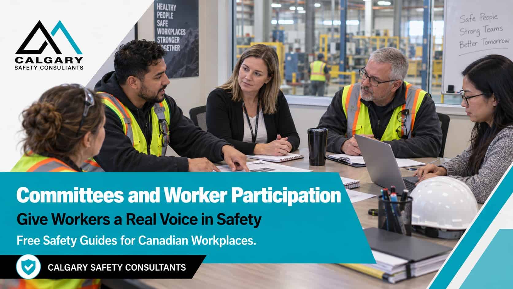 Health and safety committees guides from Calgary Safety Consultants: a joint committee meeting beside a plant floor, with a worker member discussing an inspection report