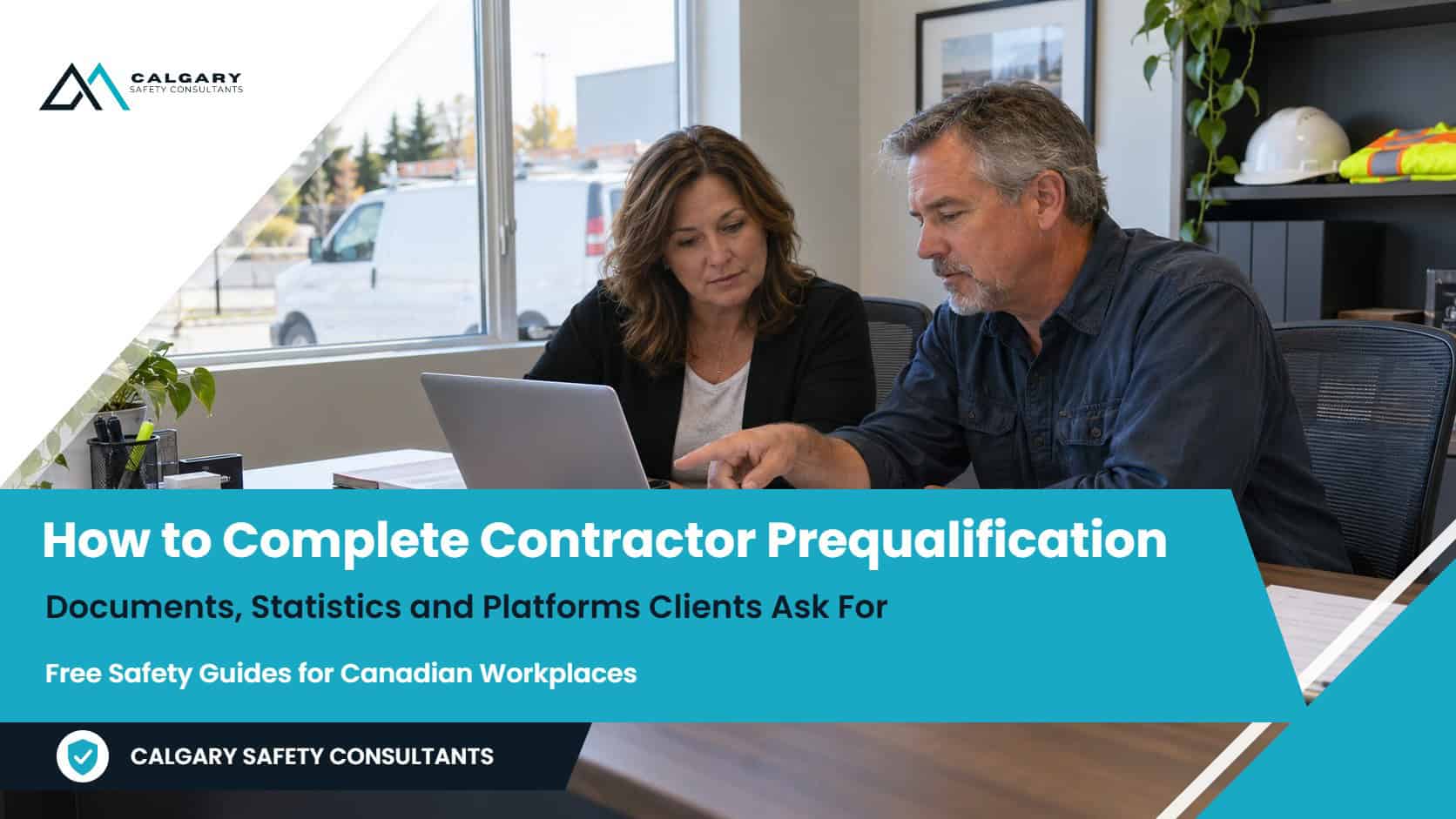 How to Complete Contractor Prequalification: the owner of a small electrical contracting company and his office manager review prequalification documents on a laptop at their office desk, beside a binder of certificates and insurance papers, with a hi-vis vest and hard hat on a nearby shelf