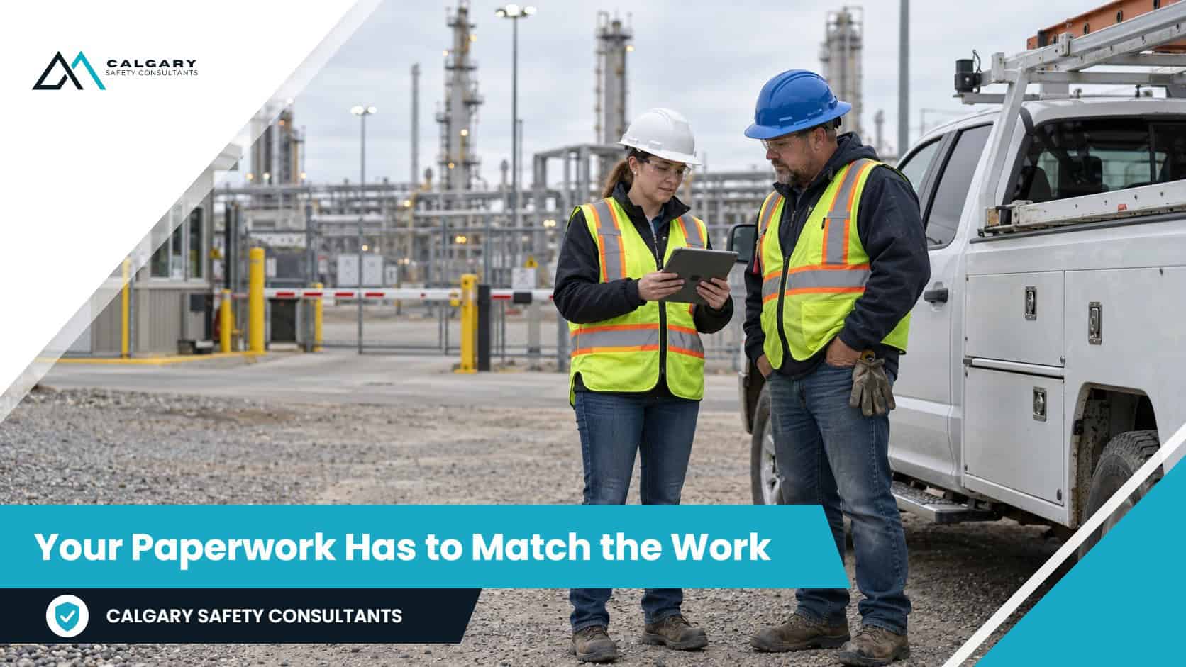 Your Paperwork Has to Match the Work: at an industrial plant gate, the client's safety advisor checks a contract crew supervisor's documents on a tablet beside the contractor's service truck, both wearing hard hats and hi-vis