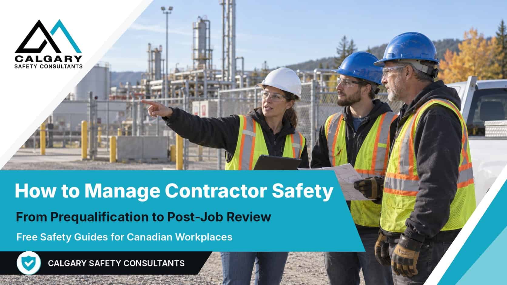 How to manage contractor safety, a guide from Calgary Safety Consultants: a host site supervisor gives two contract workers a site orientation at an industrial plant