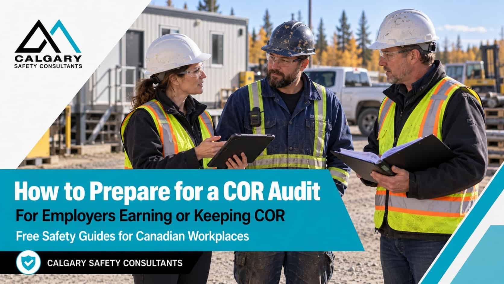 How to prepare for a COR audit, a guide from Calgary Safety Consultants: an external auditor with a tablet interviews a worker and a site supervisor at an industrial yard