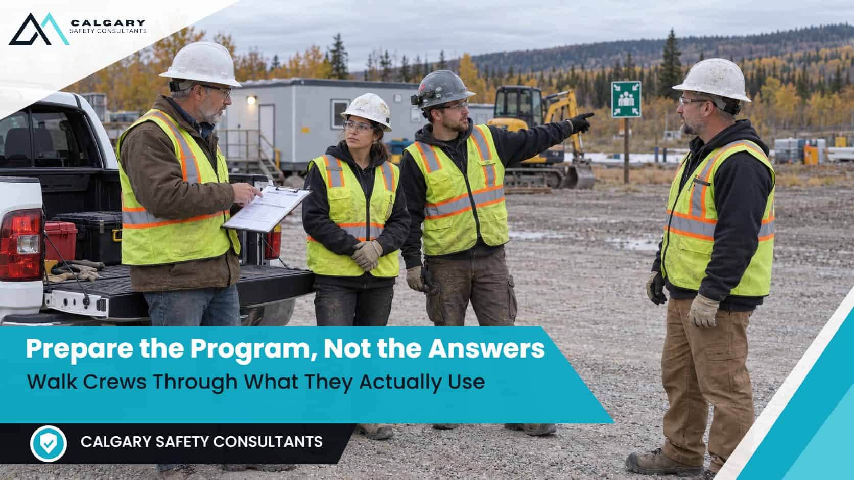 Prepare the program, not the answers: a supervisor reviews a field-level hazard assessment and the muster point with a crew of three workers at the tailgate of a pickup truck on a job site