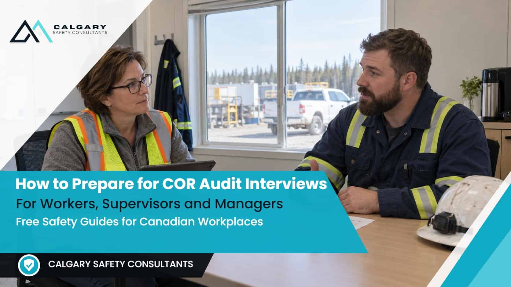 How to prepare workers and supervisors for COR audit interviews, a guide from Calgary Safety Consultants: an external COR auditor with a tablet holds a one-on-one interview with a field worker at a table in a site office trailer
