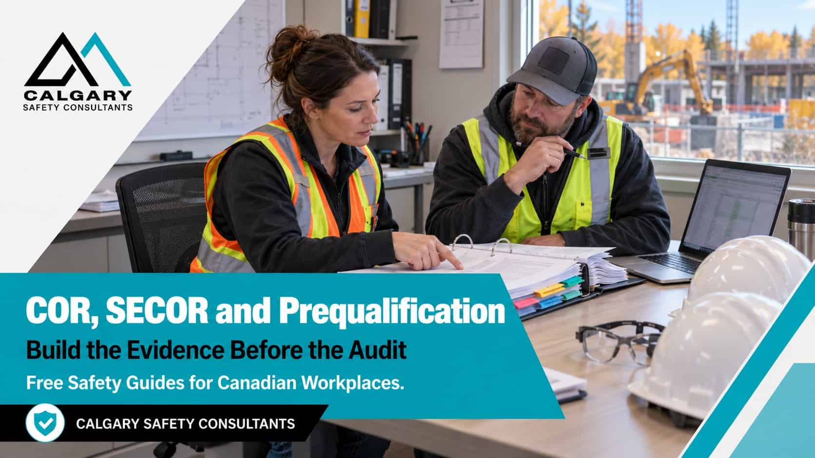 COR and SECOR guides from Calgary Safety Consultants: a safety coordinator and a site superintendent reviewing a binder of safety program records in a construction site trailer