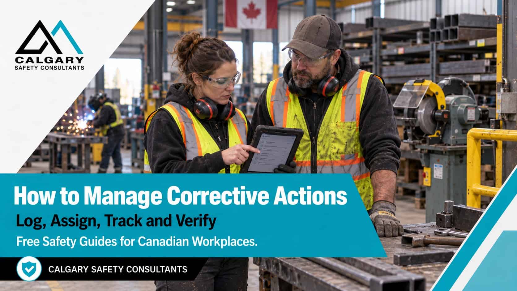 How to manage corrective actions, a guide from Calgary Safety Consultants: a supervisor and a worker review open corrective actions on a tablet in a fabrication shop