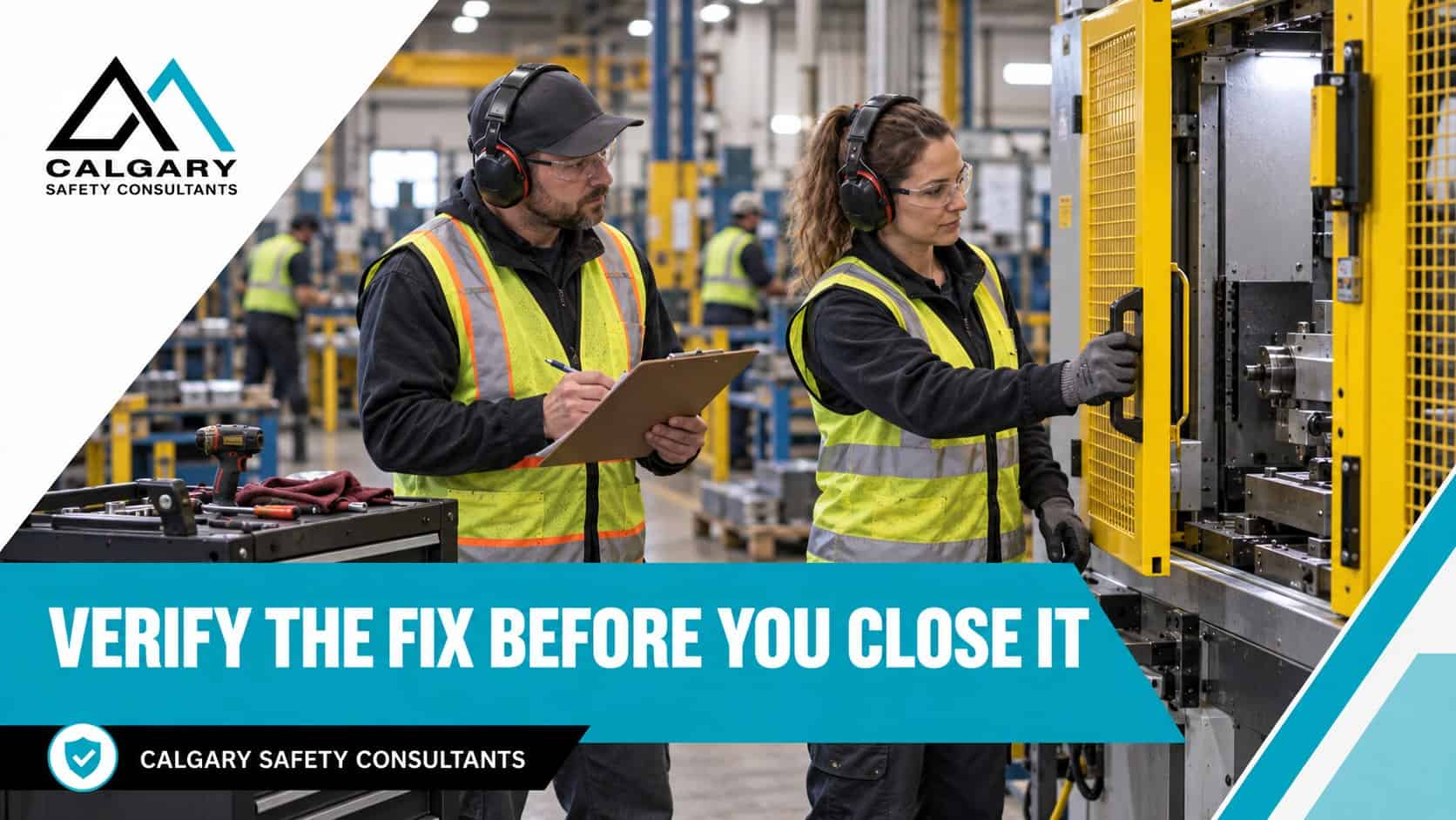A supervisor and a worker check a newly installed machine guard before signing off the corrective action as verified