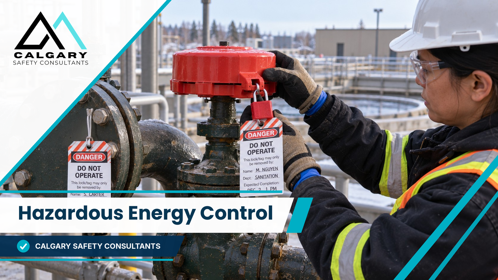Hazardous energy control example of a worker locking and tagging a valve with a valve lockout cover at a treatment plant