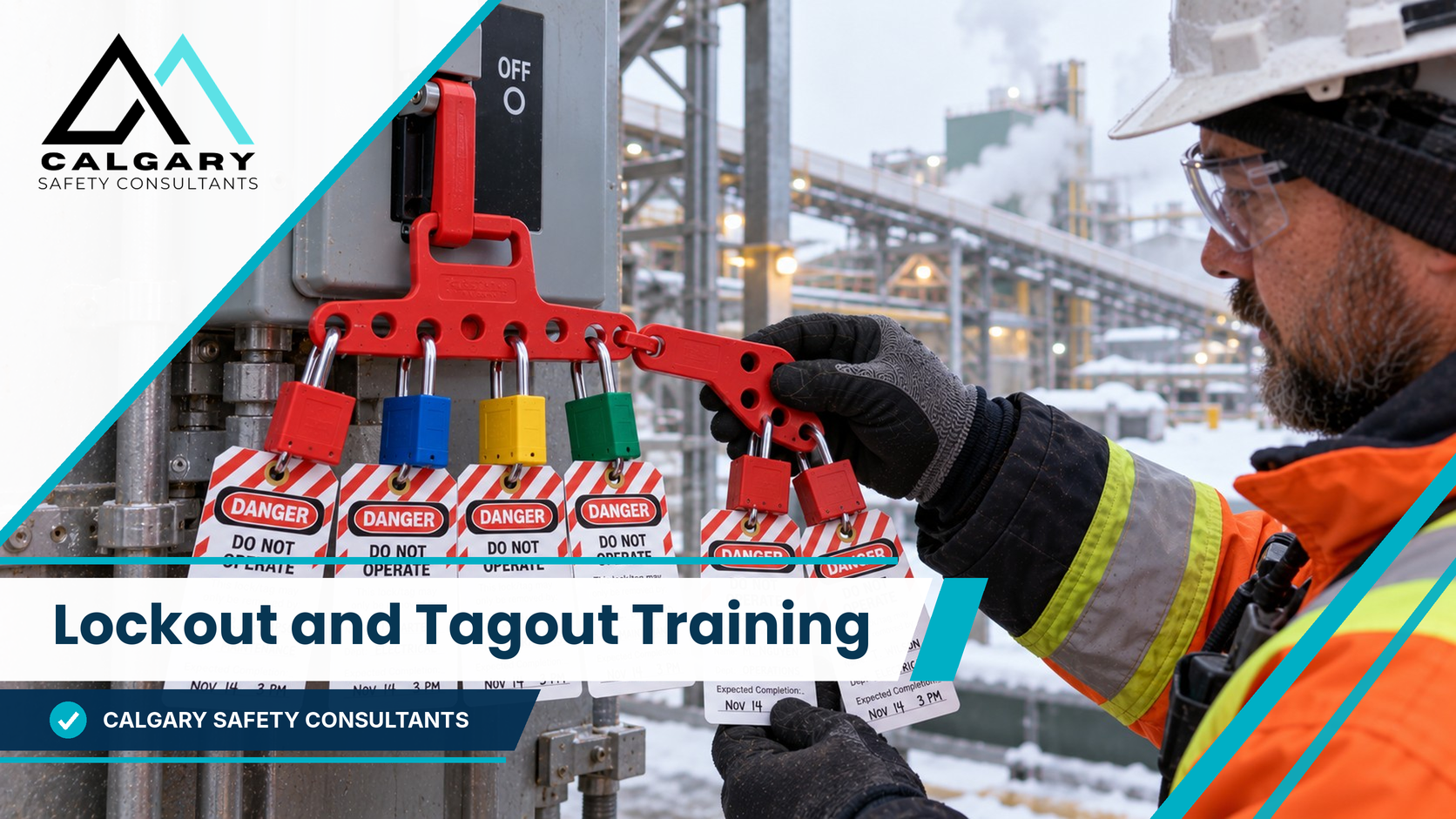 Lockout and tagout training for a maintenance worker adding a personal lock and tag to a group lockout hasp on a disconnect