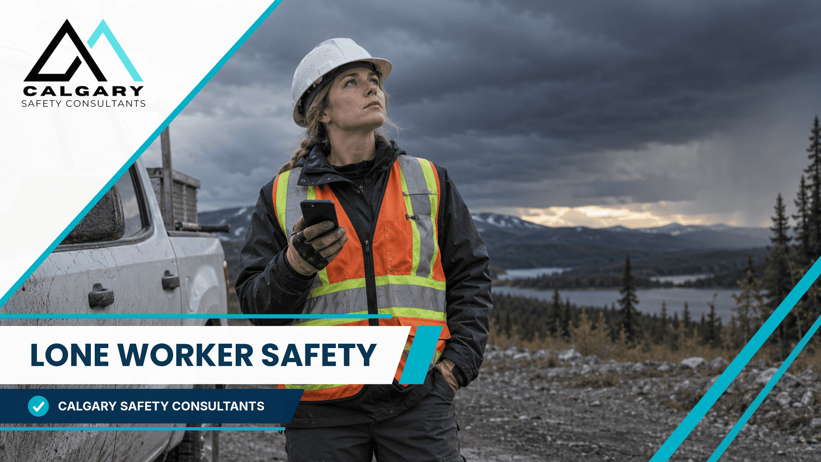 Lone worker safety example of a field worker checking conditions and her phone before working alone at a remote site