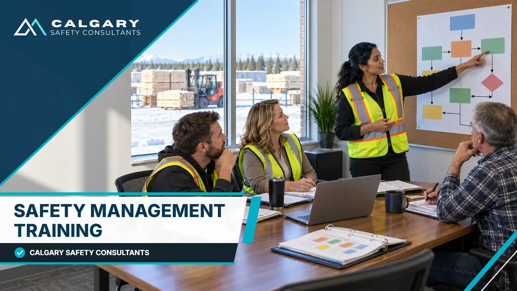 Safety management training for an owner, operations manager, supervisor and safety coordinator reviewing a safety system flow chart in a company meeting room