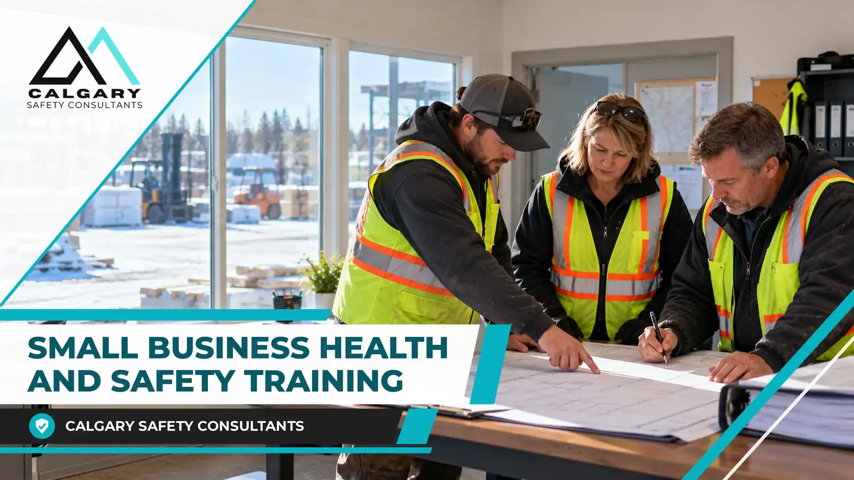 Small business health and safety training for an owner, supervisor and worker in high-visibility vests reviewing a plan at a shop office table