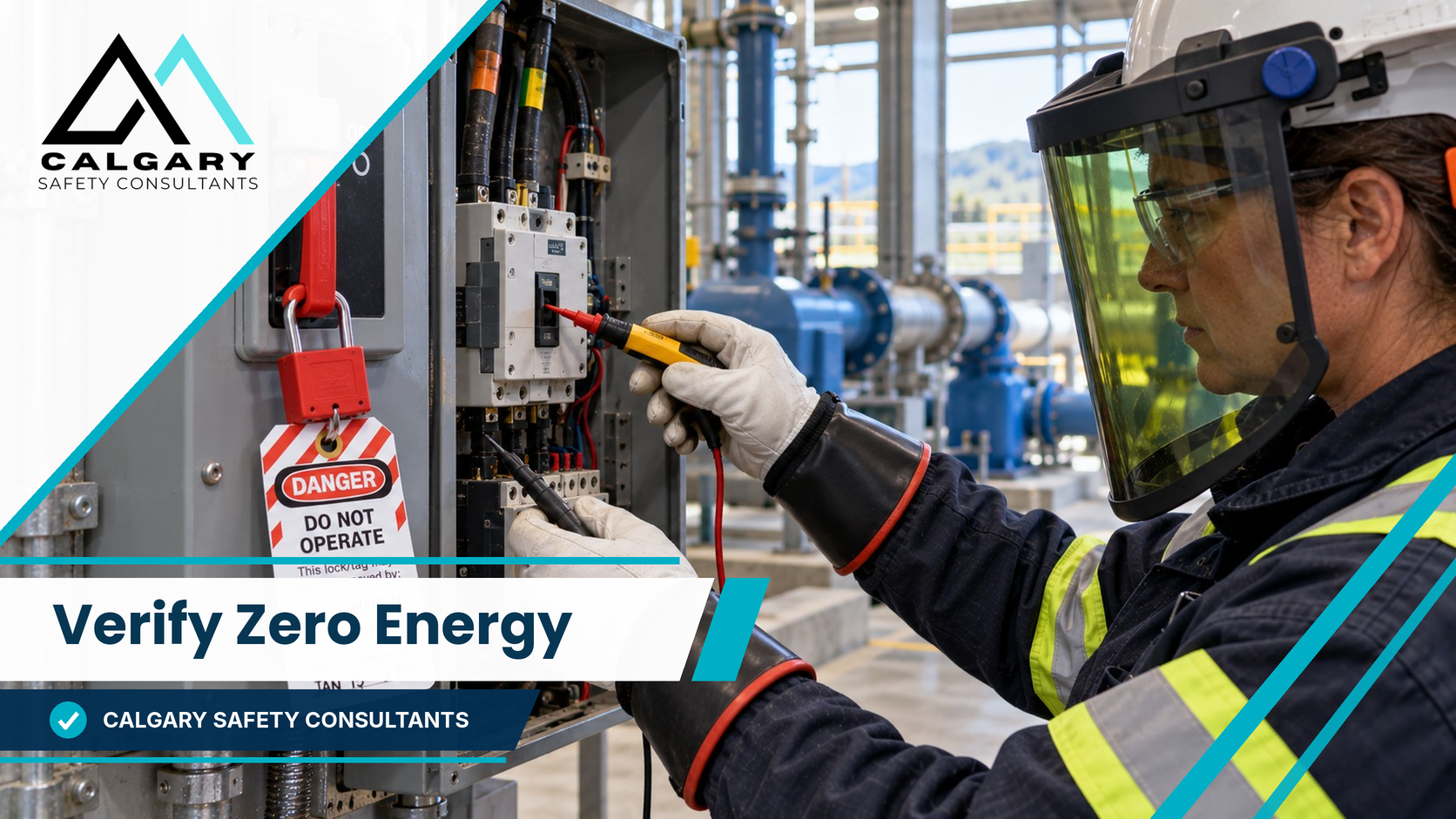 Lockout training example of a worker in arc-rated PPE verifying zero energy with a tester after locking out a disconnect