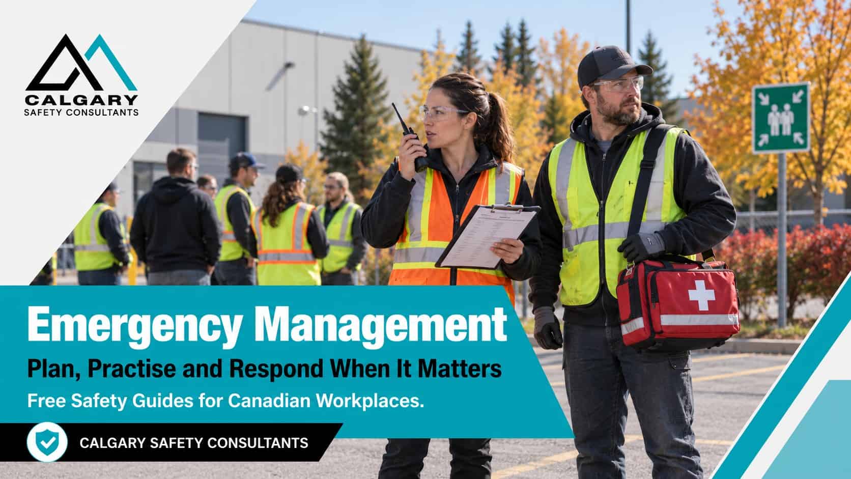 Emergency management guides from Calgary Safety Consultants: a fire warden with a radio and clipboard taking a headcount at a muster area during an evacuation drill, beside a first aid attendant
