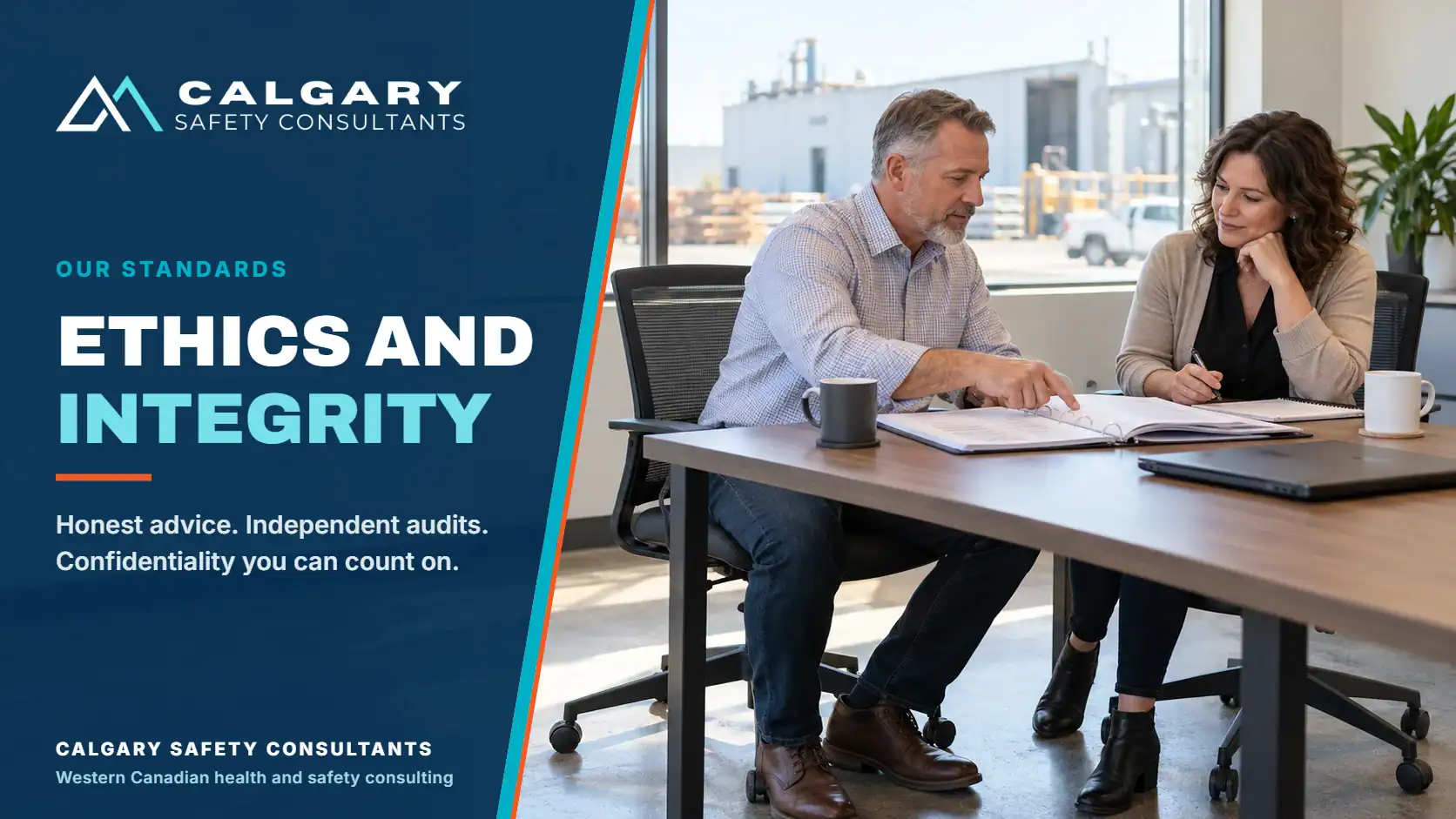Ethics and integrity at Calgary Safety Consultants: a health and safety consultant reviewing a proposal and safety manual with a company owner.