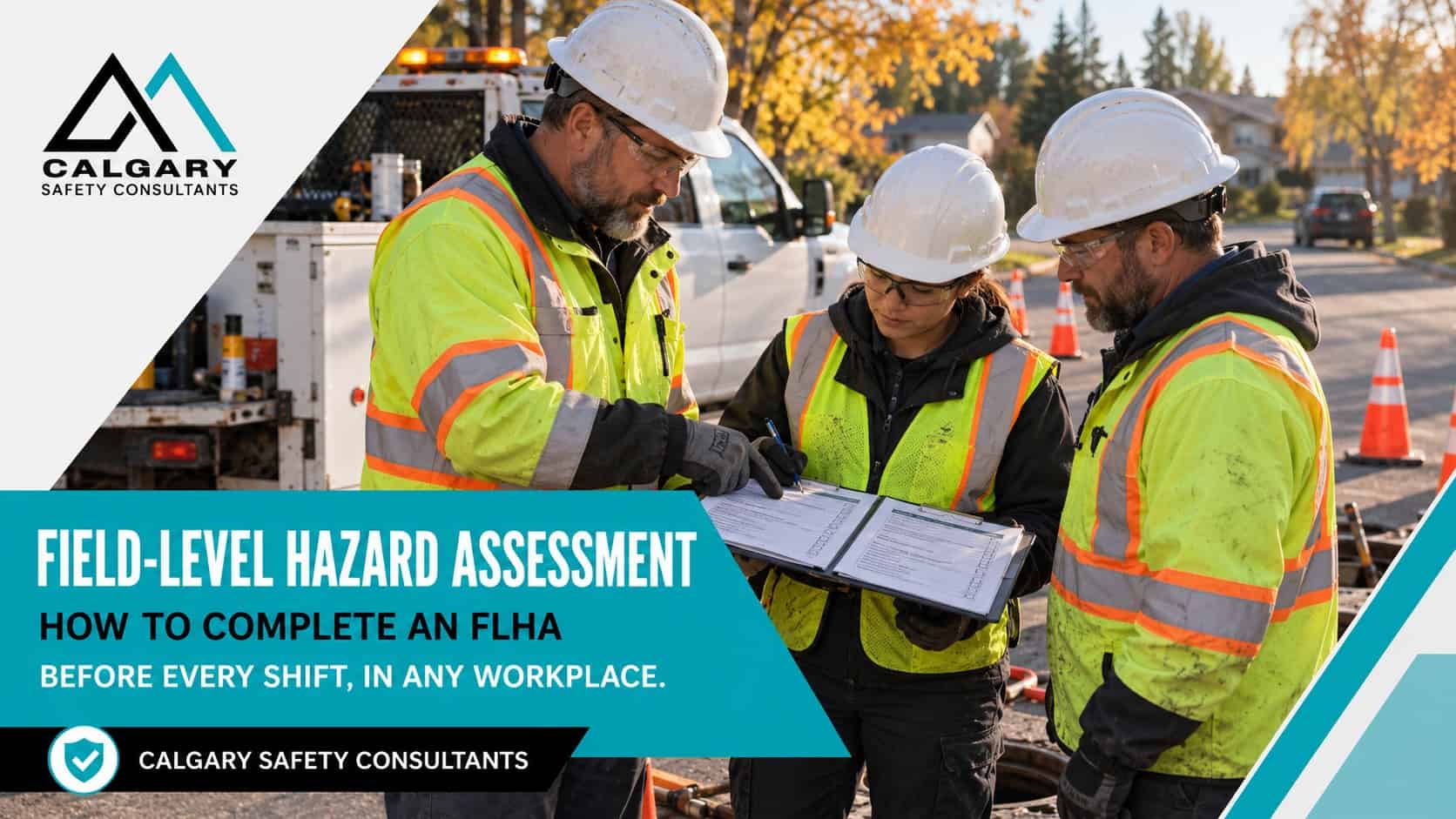 Field-level hazard assessment (FLHA) guide from Calgary Safety Consultants: a municipal utility crew reviews and signs an FLHA on a clipboard beside their work truck at the start of a shift