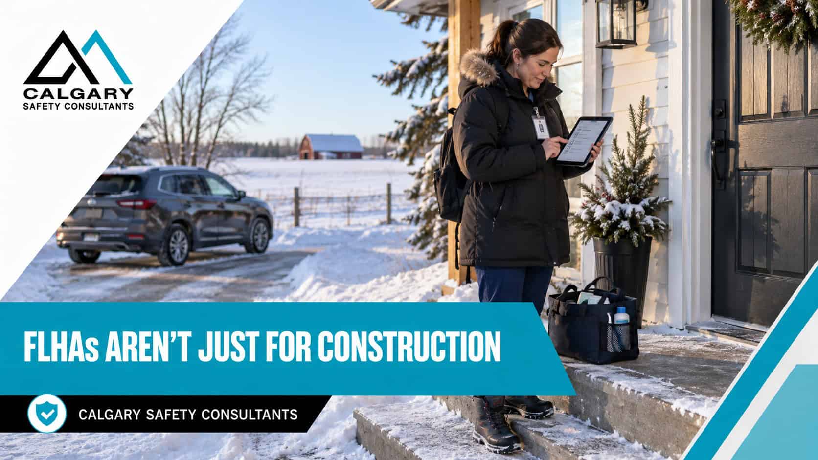 A home care worker completes a field-level hazard assessment on a tablet at a client's snowy front steps before a winter visit