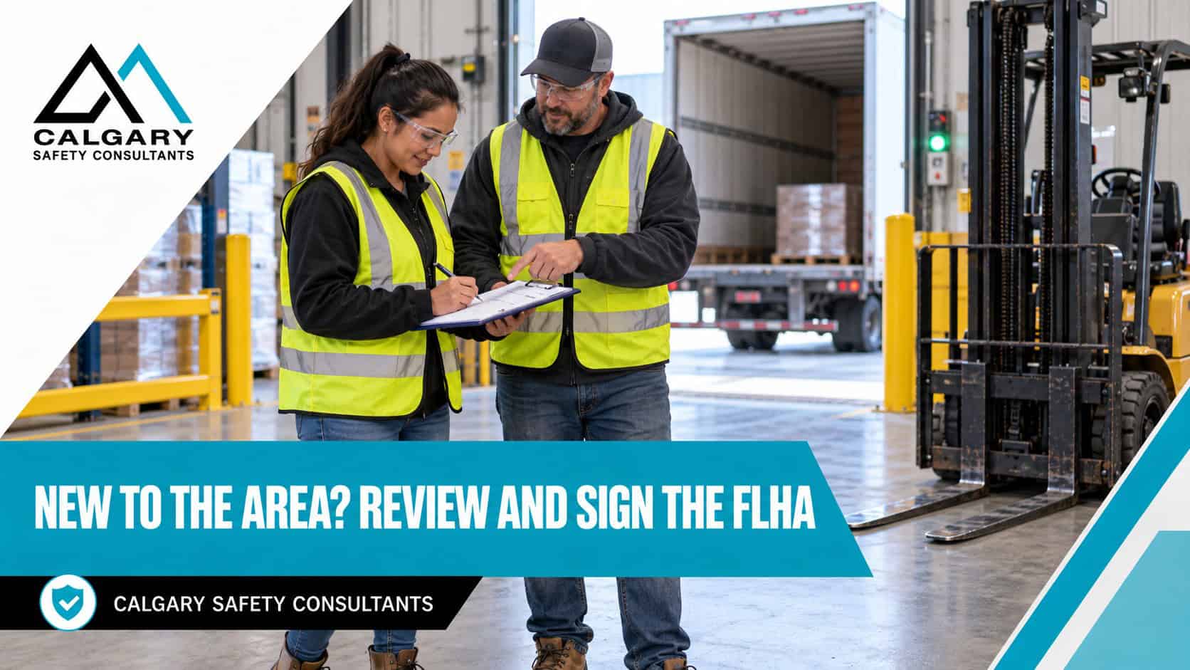 A worker who has just arrived at a warehouse loading dock signs the crew's field-level hazard assessment after the crew lead reviews it with her