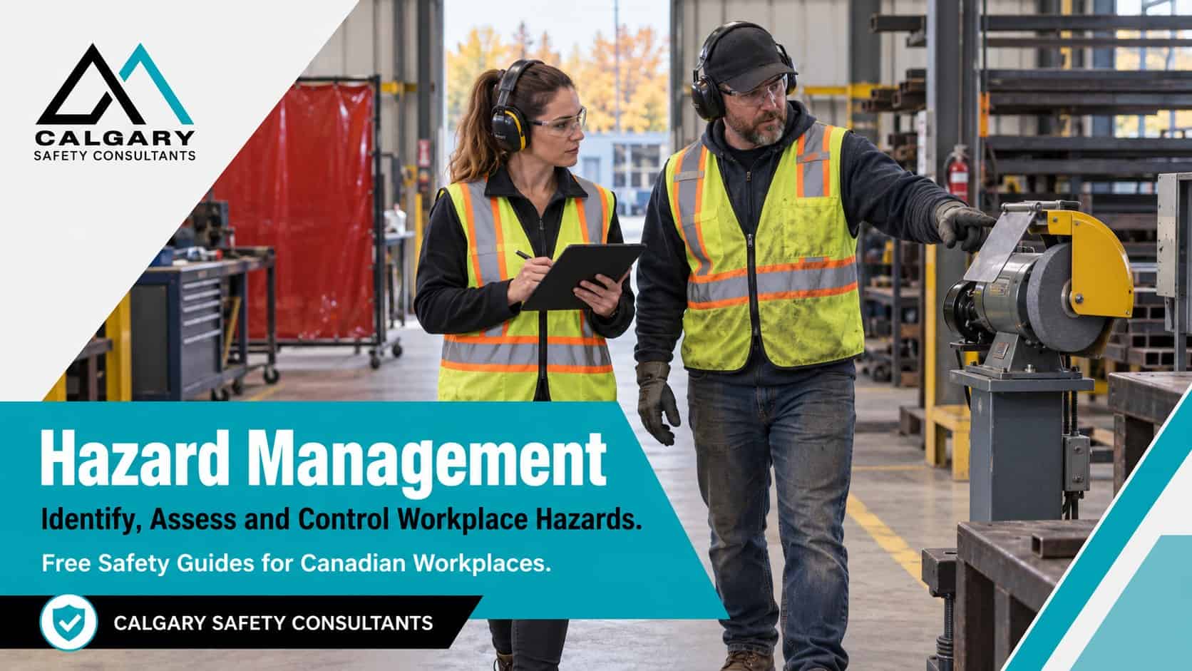 Hazard management guides from Calgary Safety Consultants: a safety coordinator with a tablet and a lead hand checking the guard on a pedestal grinder in a fabrication shop