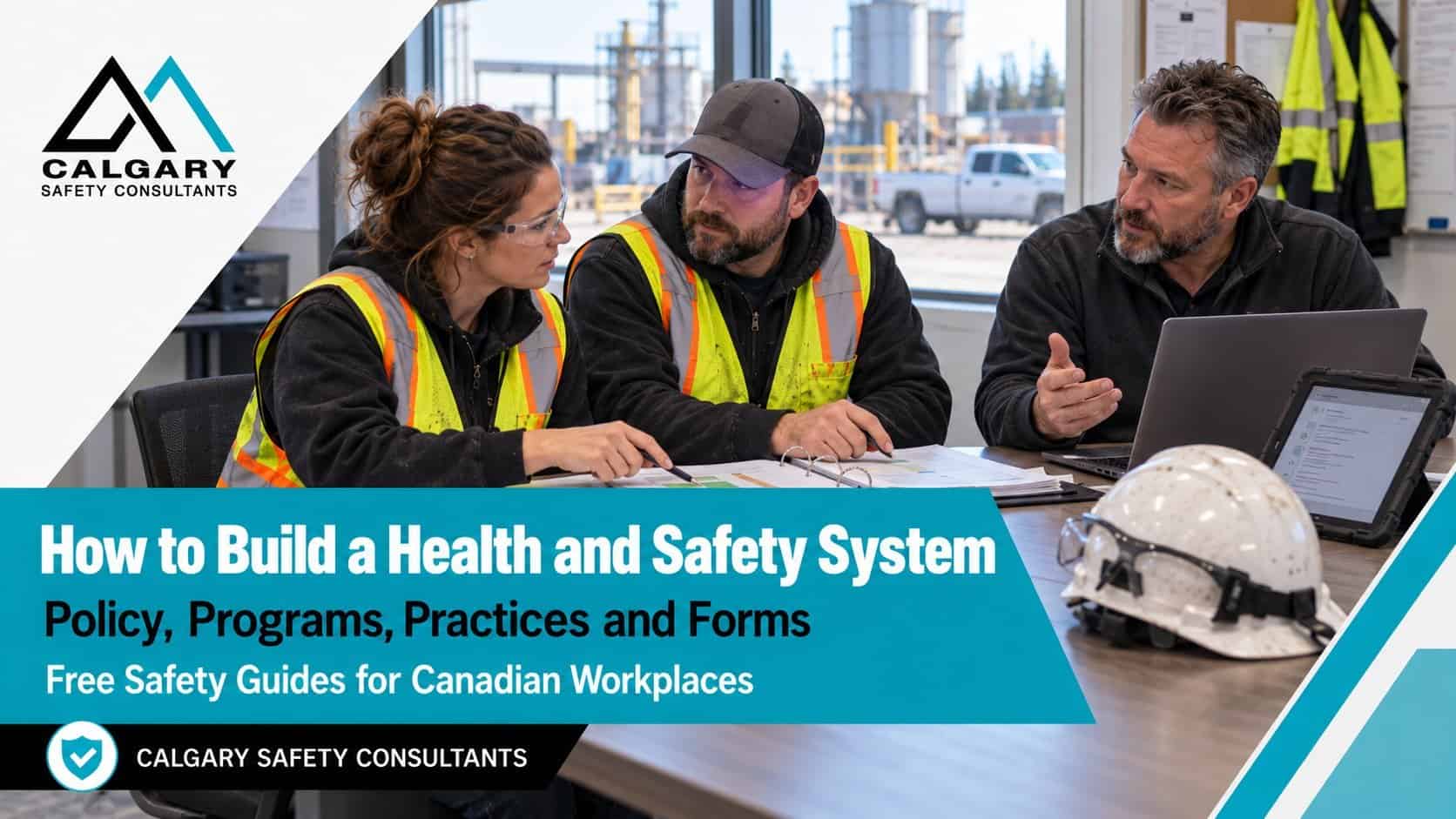 How to build a health and safety system, a guide from Calgary Safety Consultants: a health and safety manager, a worker and an operations manager review safety system documents in a site office