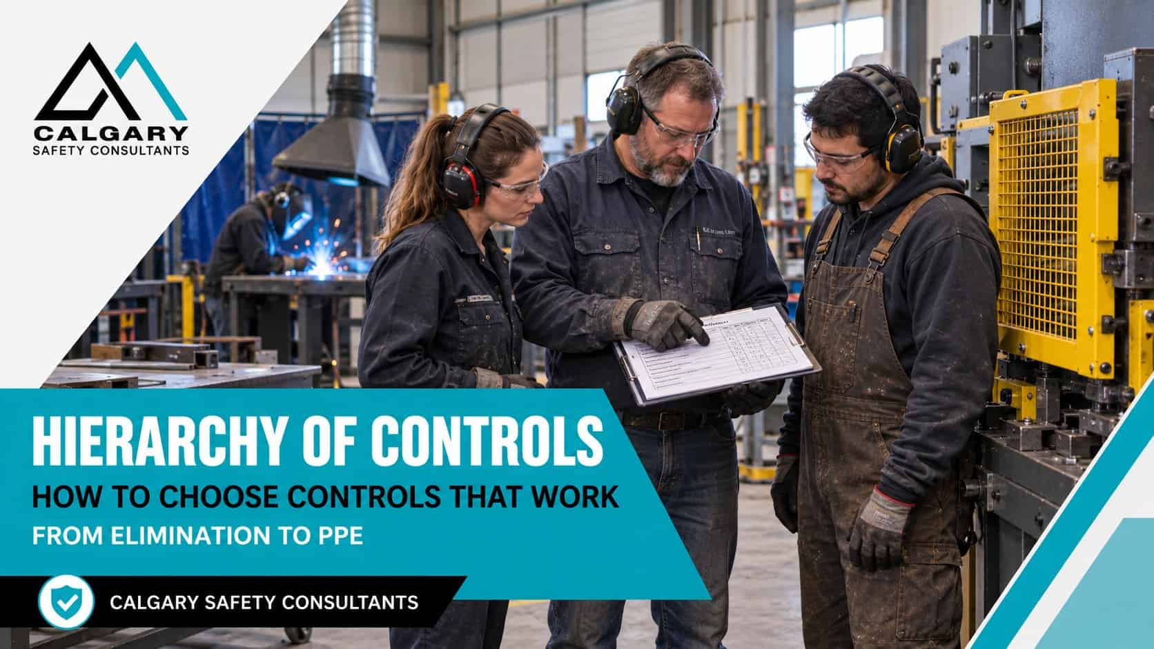 Hierarchy of controls guide from Calgary Safety Consultants: a supervisor and two workers review control options beside a guarded machine in a fabrication shop