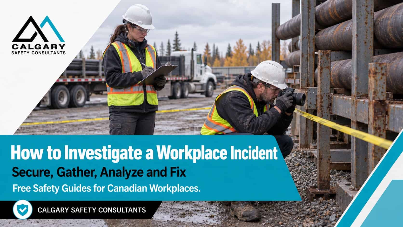 Workplace incident investigation guide from Calgary Safety Consultants: a supervisor and a worker representative examine and photograph the scene of an incident in an industrial pipe yard
