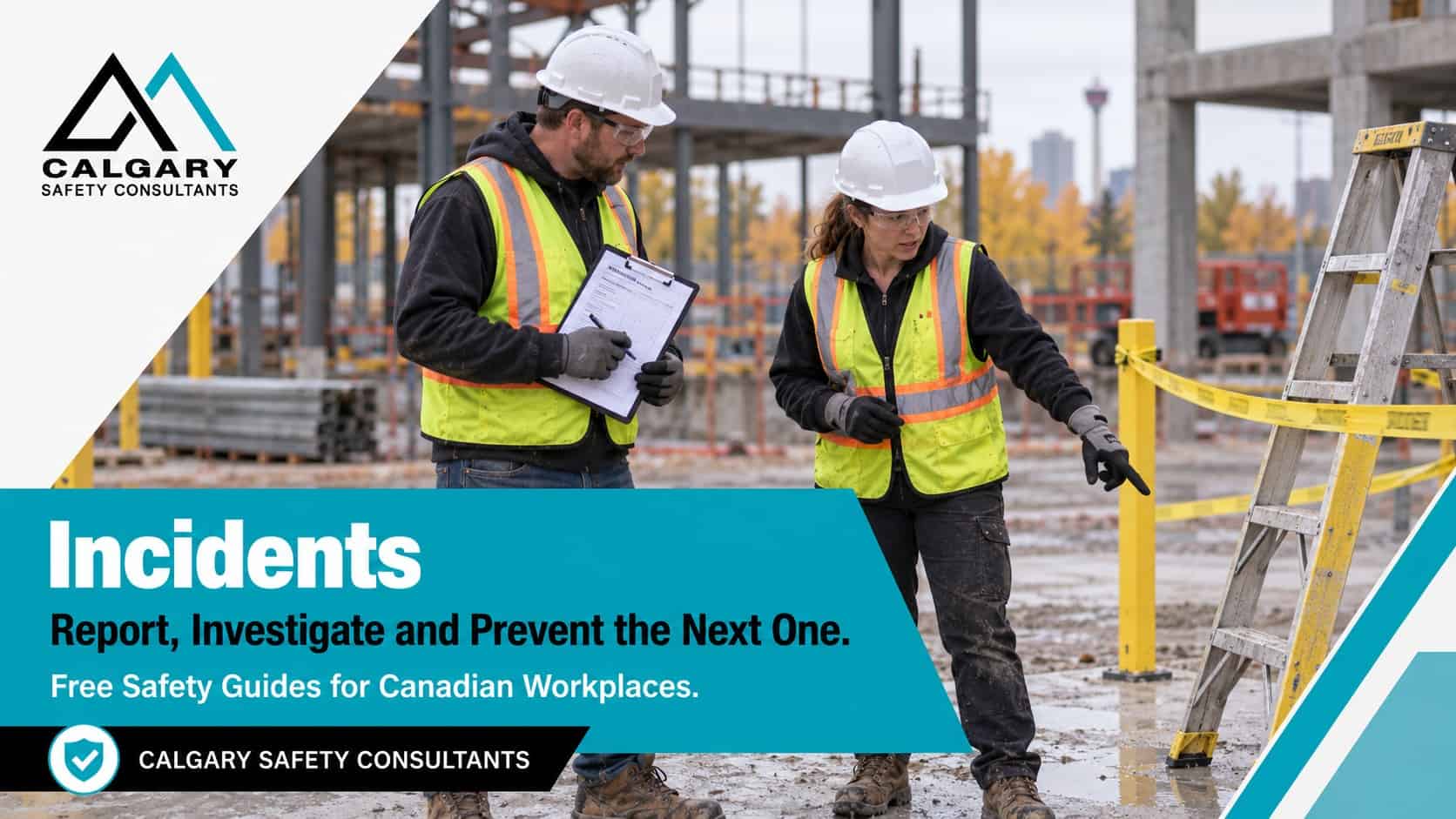 Workplace incidents guides from Calgary Safety Consultants: a site supervisor with an investigation form talking with a worker beside a taped-off stepladder after a near miss