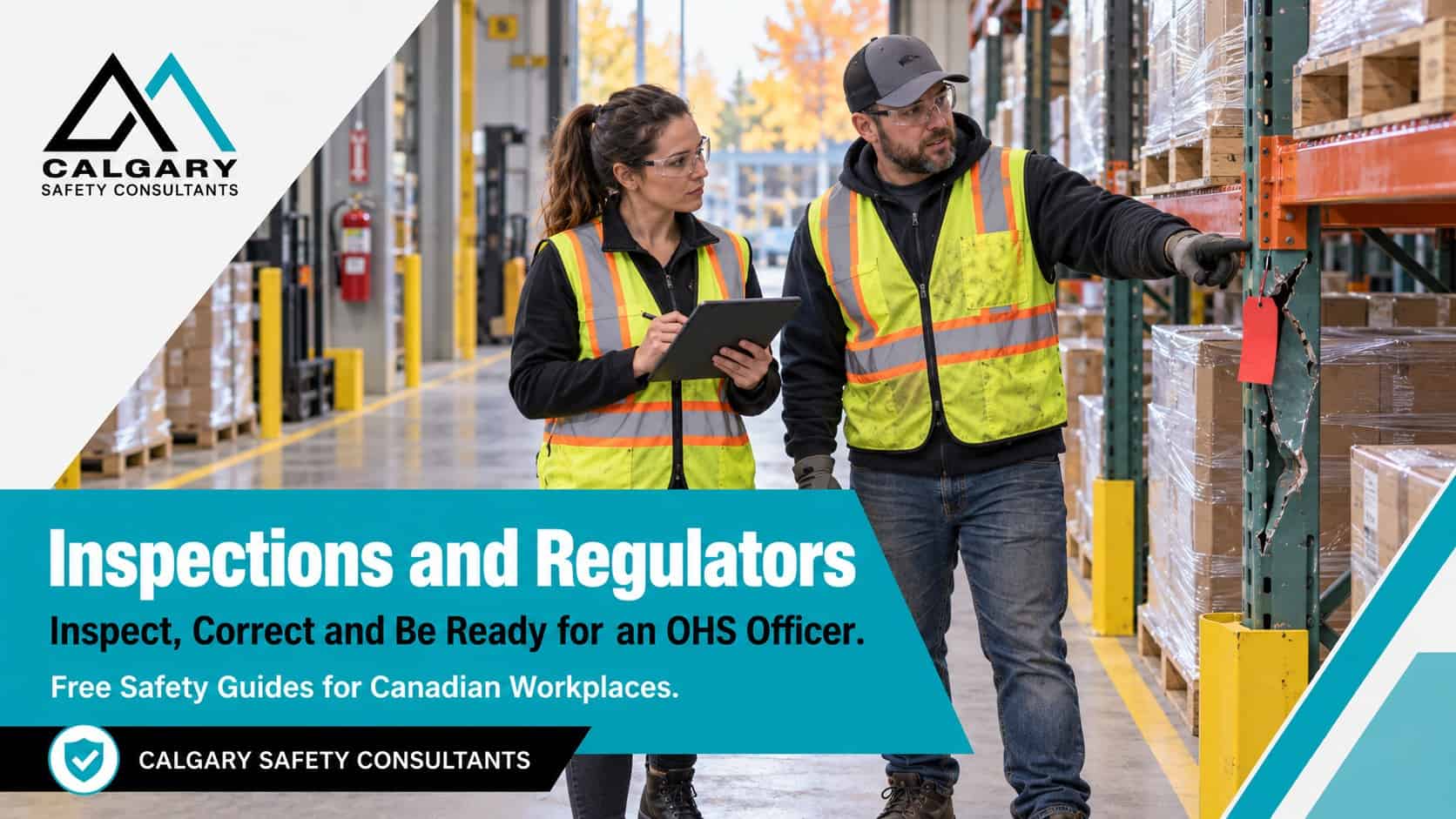 Workplace inspections guides from Calgary Safety Consultants: a supervisor with a tablet and a safety committee member checking a damaged, tagged racking upright in a warehouse