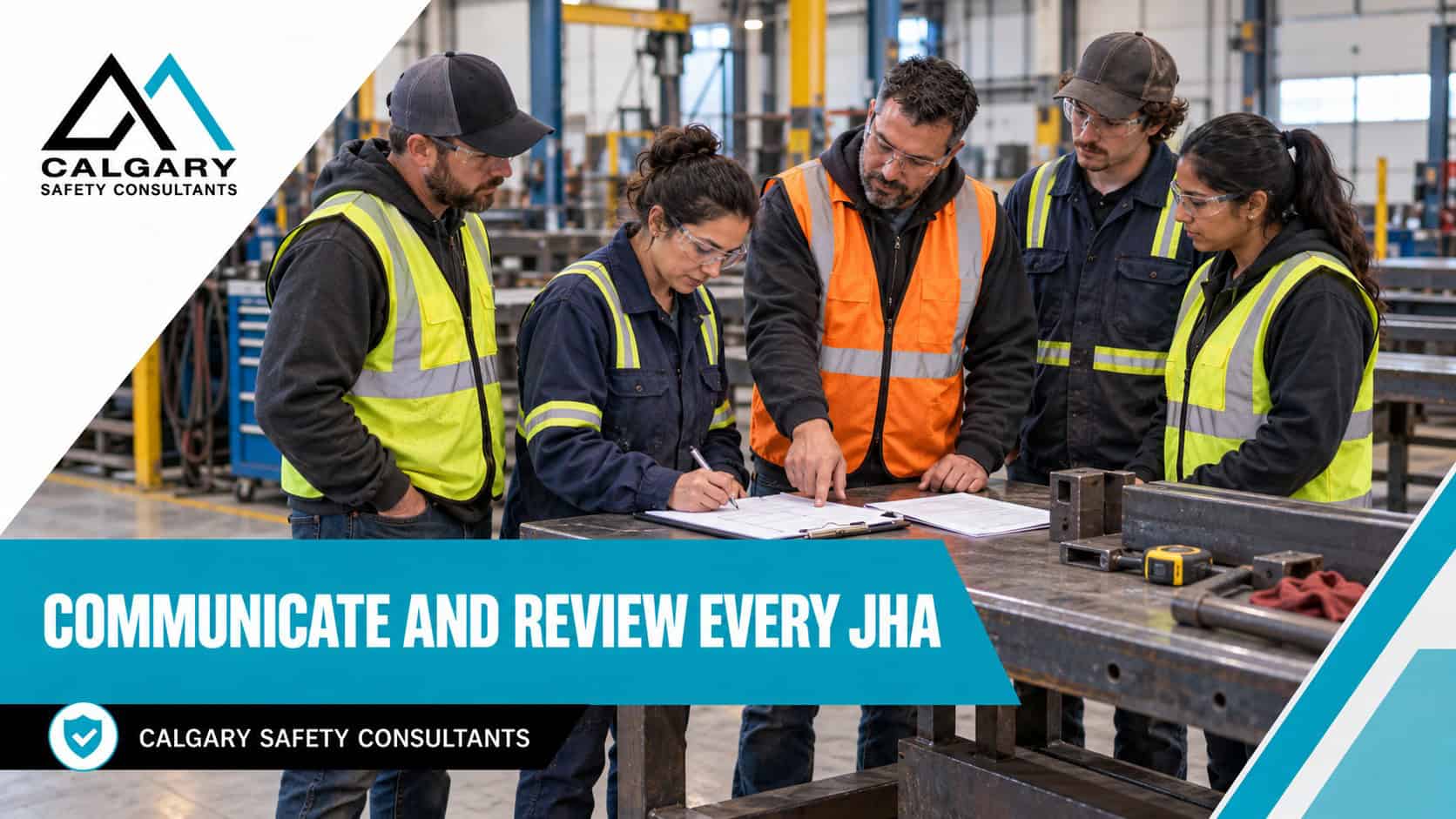 Communicating a job hazard analysis: a supervisor reviews an approved JHA with four workers at a fabrication shop workbench while one worker signs the sign-off sheet