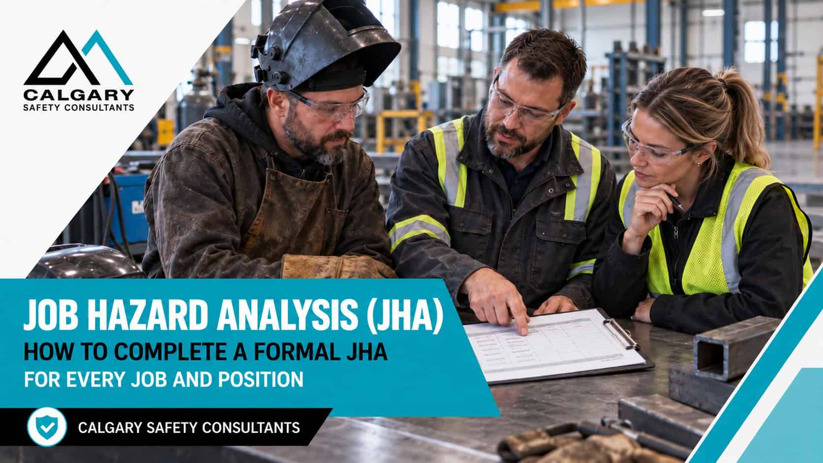 Job hazard analysis (JHA) guide from Calgary Safety Consultants: a supervisor, a welder and a safety coordinator reviewing a JHA worksheet in a fabrication shop