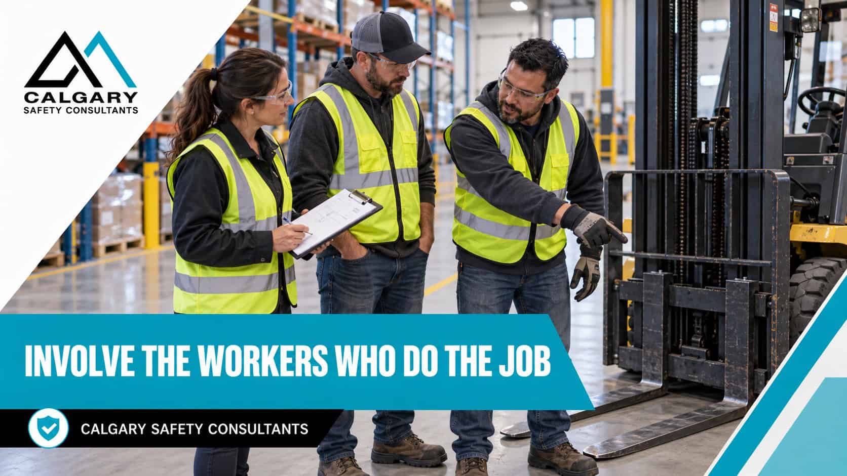 Job hazard analysis with the workers who do the job: a supervisor with a JHA worksheet listening to two forklift operators explain their job beside a parked forklift