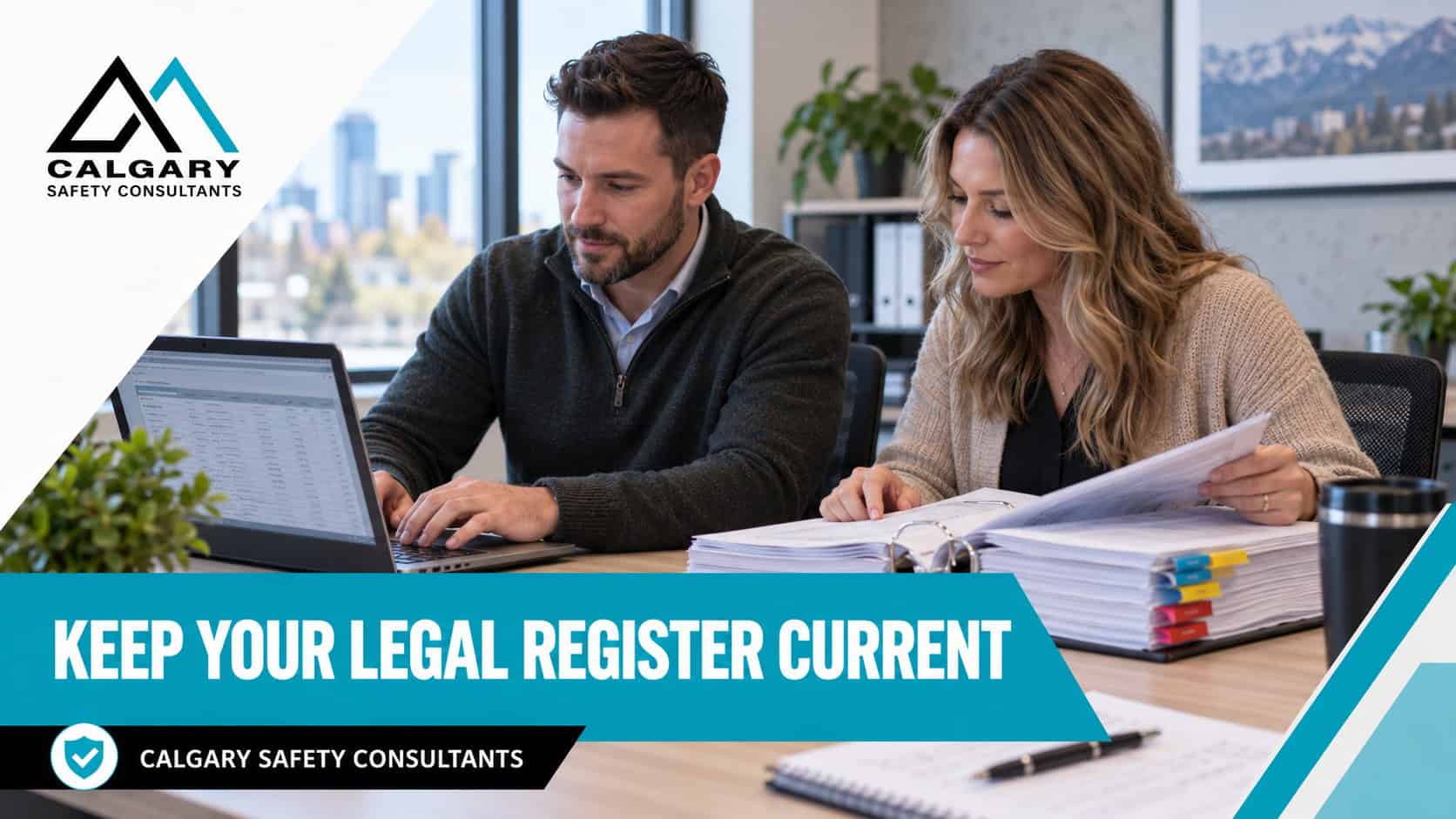 Keeping OHS legislation current: a manager and a safety coordinator updating a legal register of occupational health and safety requirements at a desk