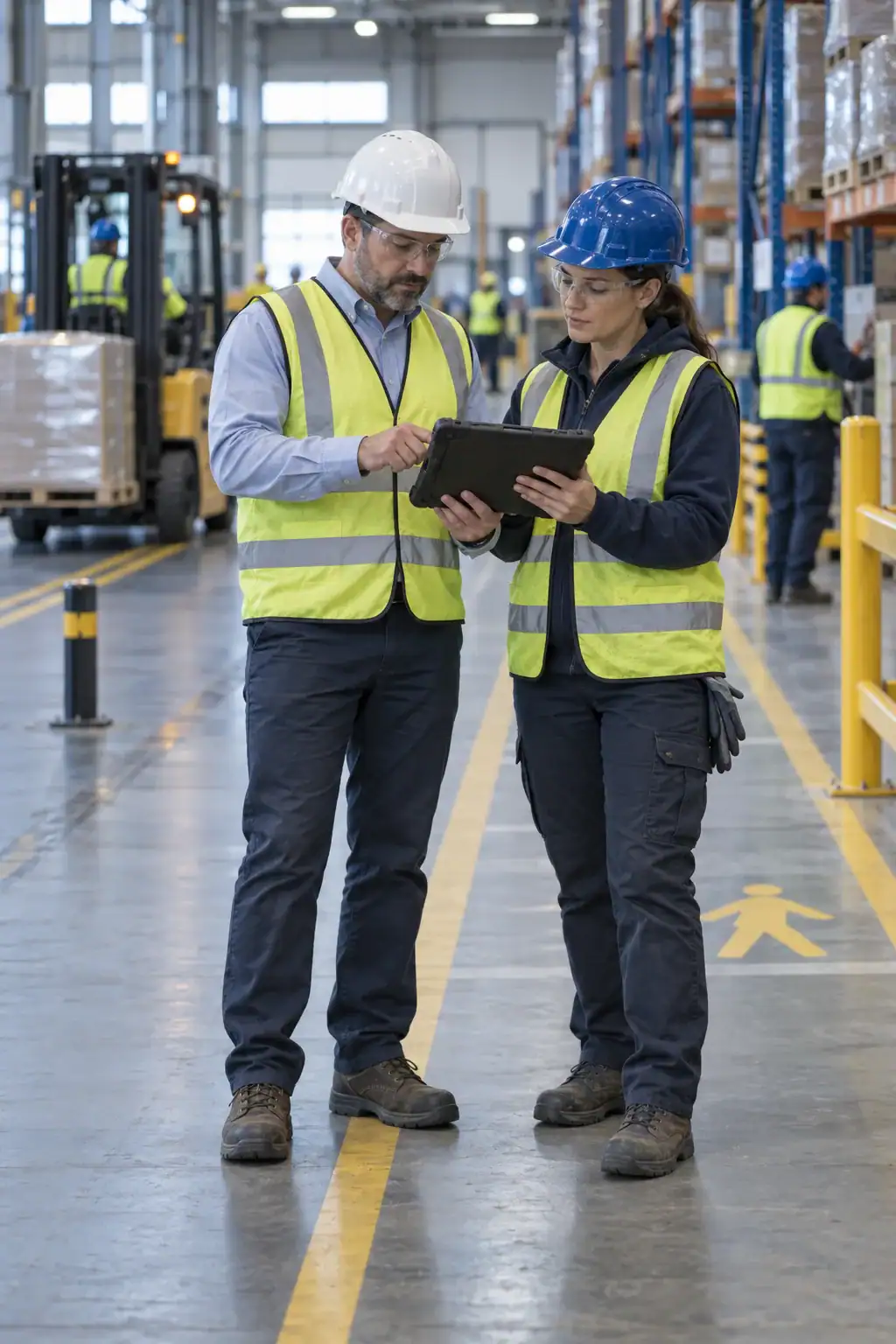 An operations manager and a warehouse supervisor reviewing an inspection checklist on a tablet in a marked pedestrian walkway while a forklift works in its own lane.