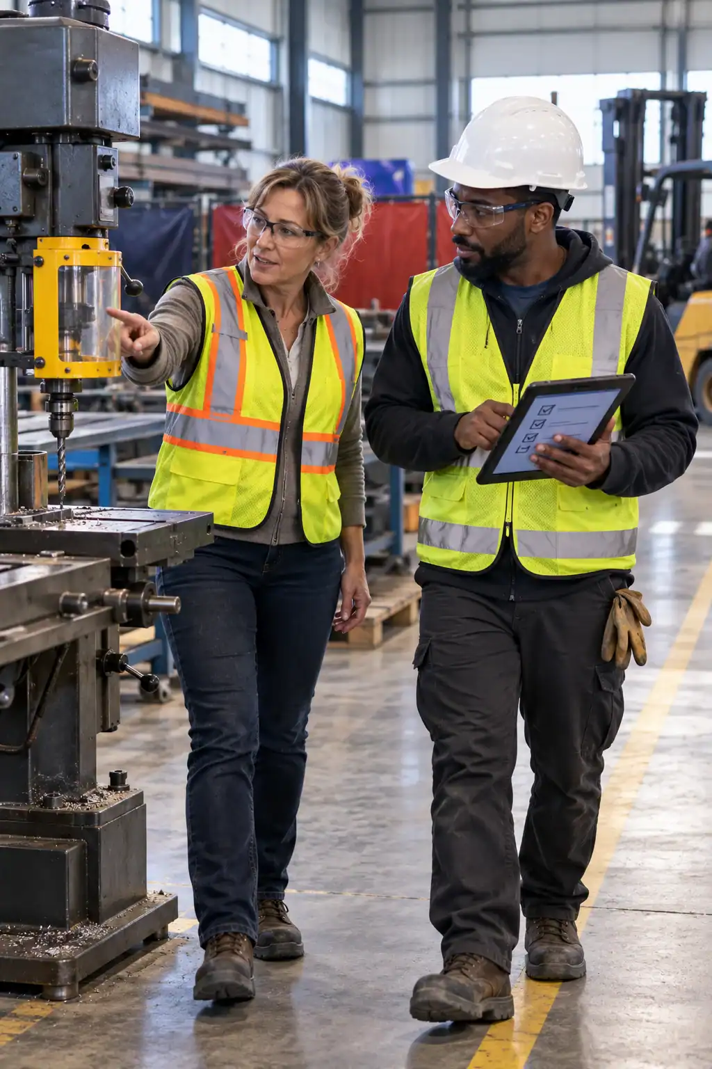 A company owner and shop supervisor checking a drill press guard against a tablet checklist on a fabrication shop floor.