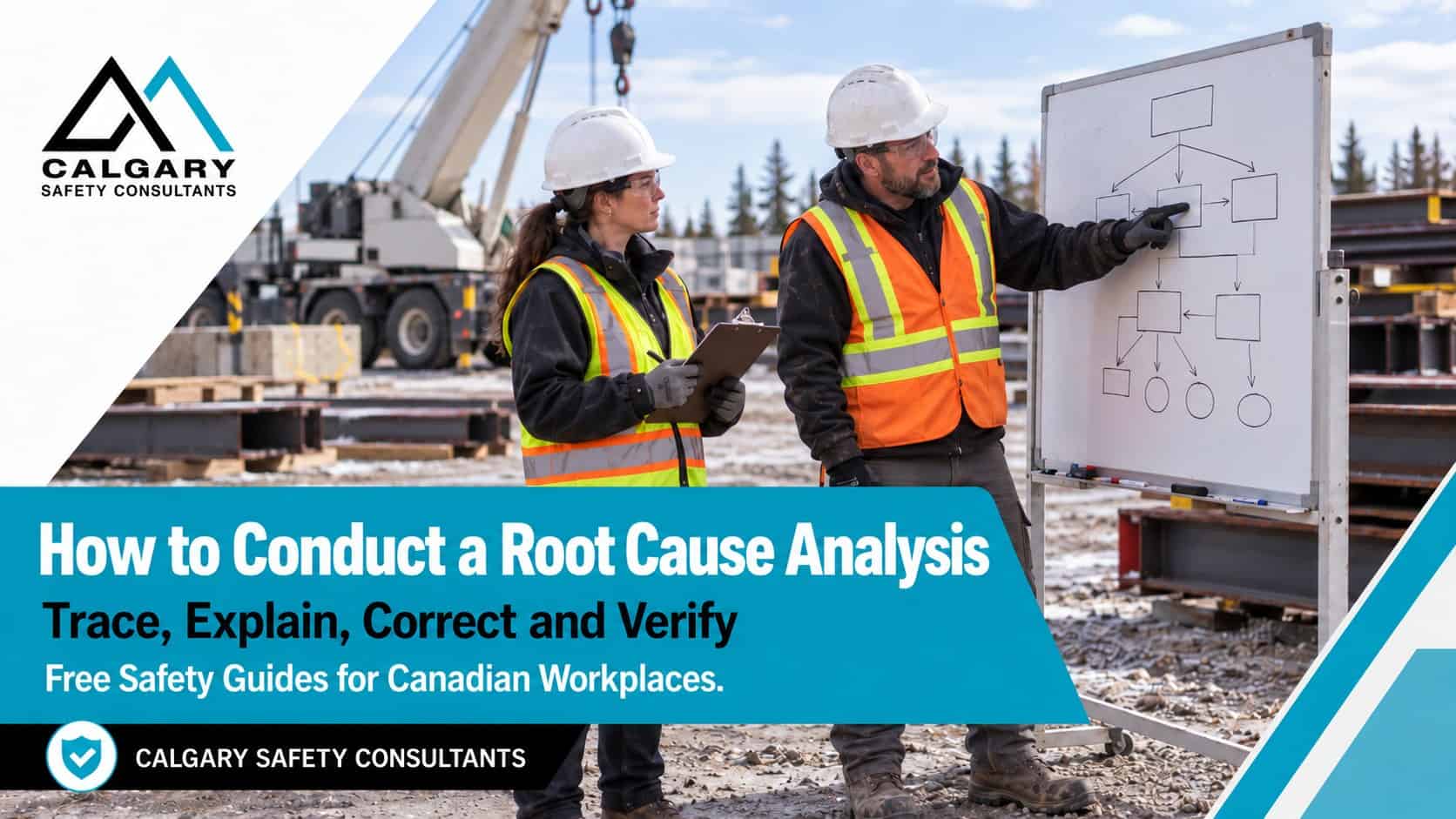 Root cause analysis guide from Calgary Safety Consultants: a safety advisor and a supervisor trace the causes of a workplace incident on a whiteboard at an industrial site