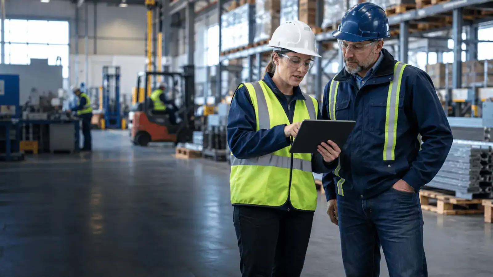 A safety consultant and operations manager reviewing workplace conditions on a tablet in an active industrial facility.