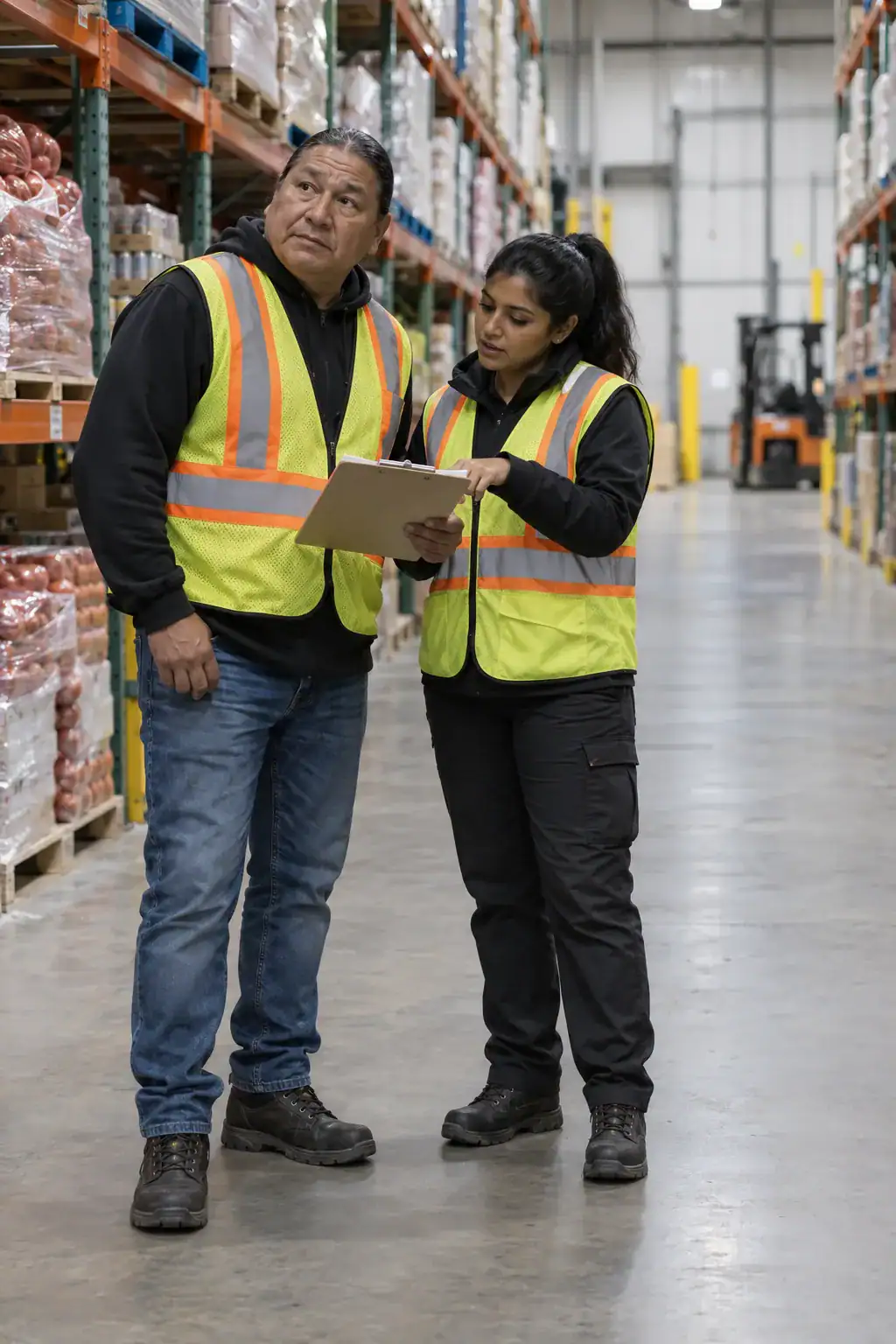 A warehouse supervisor and a safety committee member reading a free safety guide on a clipboard in a racking aisle.