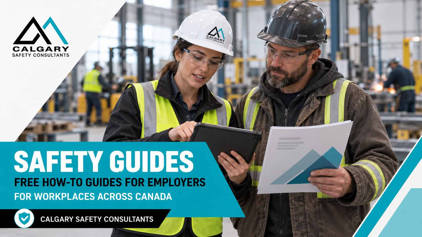 Safety guides from Calgary Safety Consultants: a safety coordinator showing a site supervisor a free how-to safety guide on a tablet in a warehouse